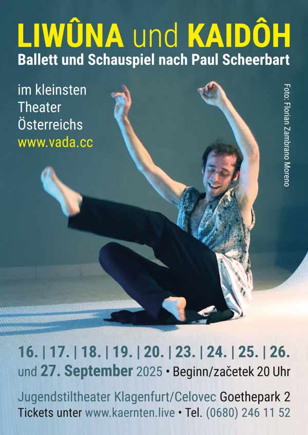 Plakat Liwuna und Kaidoh – Tanz und Schauspiel mit Boris Randzio & Theater von VADA im Jugendstiltheater Klagenfurt/Celovec