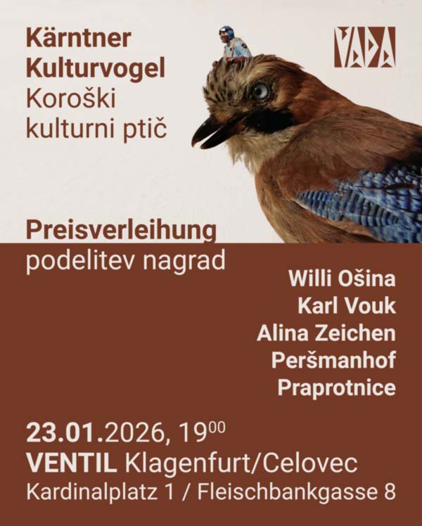 Plakat Kulturvogel Preisverleihung im VENTIL Klagenfurt/Celovec am 23. J&auml;nner 2026